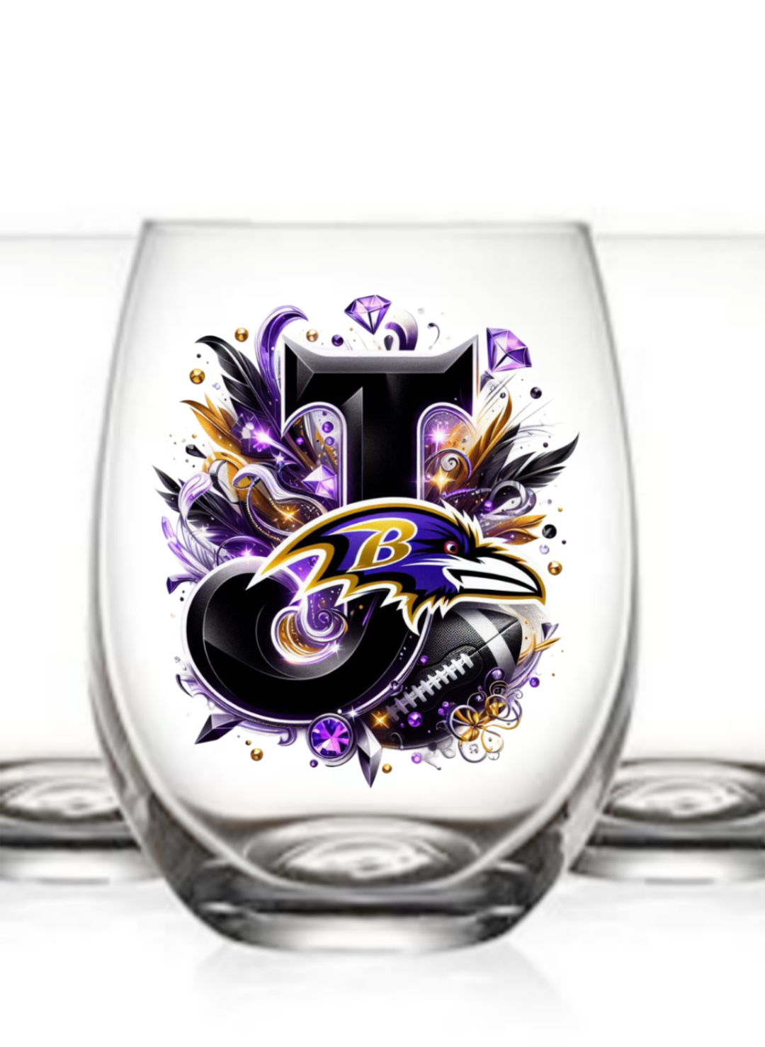 Personalized Initial 20oz. Baltimore Ravens Stemless Wine Glass w/ matching Coaster Set
