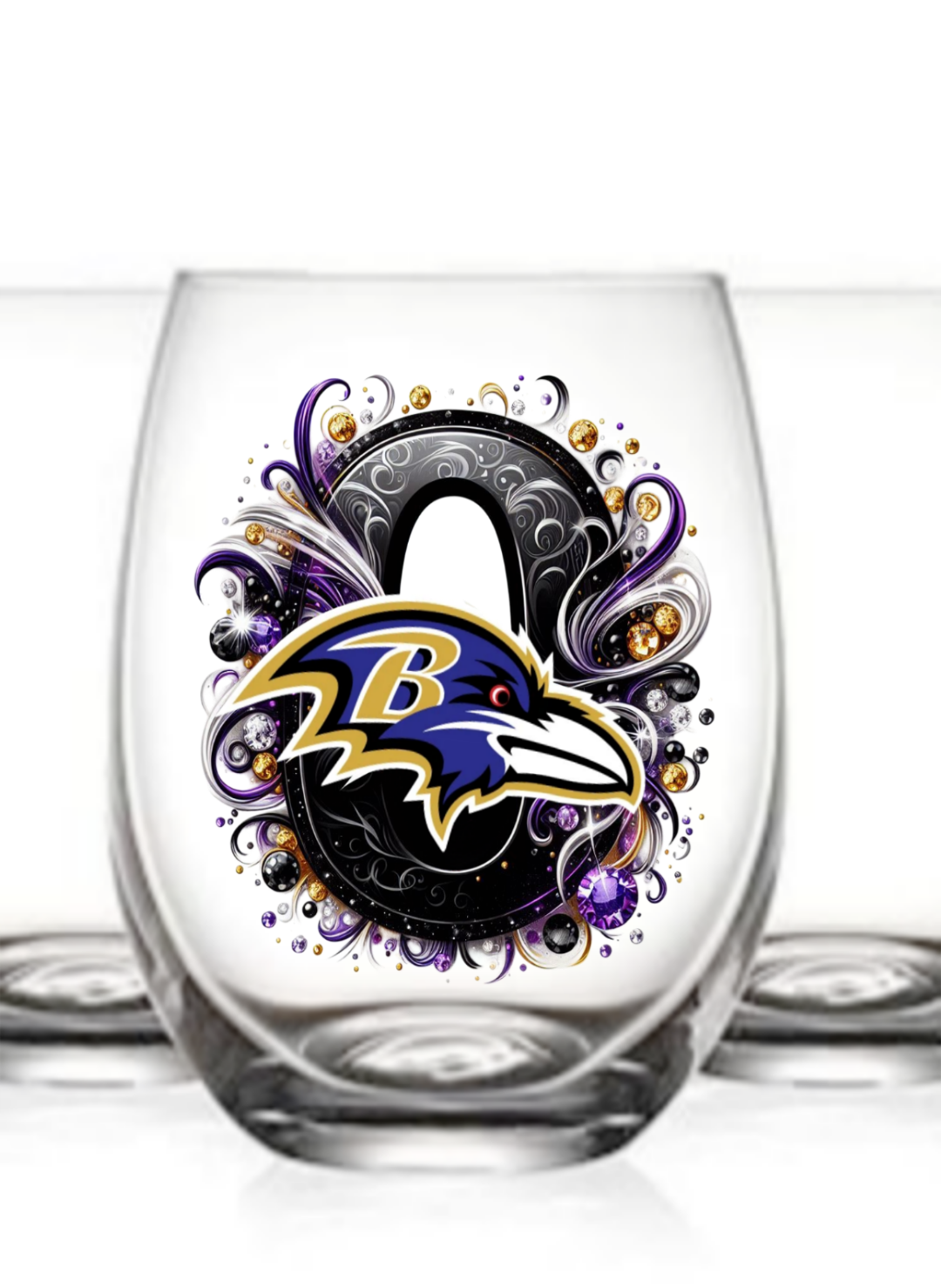 Personalized Initial 20oz. Baltimore Ravens Stemless Wine Glass w/ matching Coaster Set