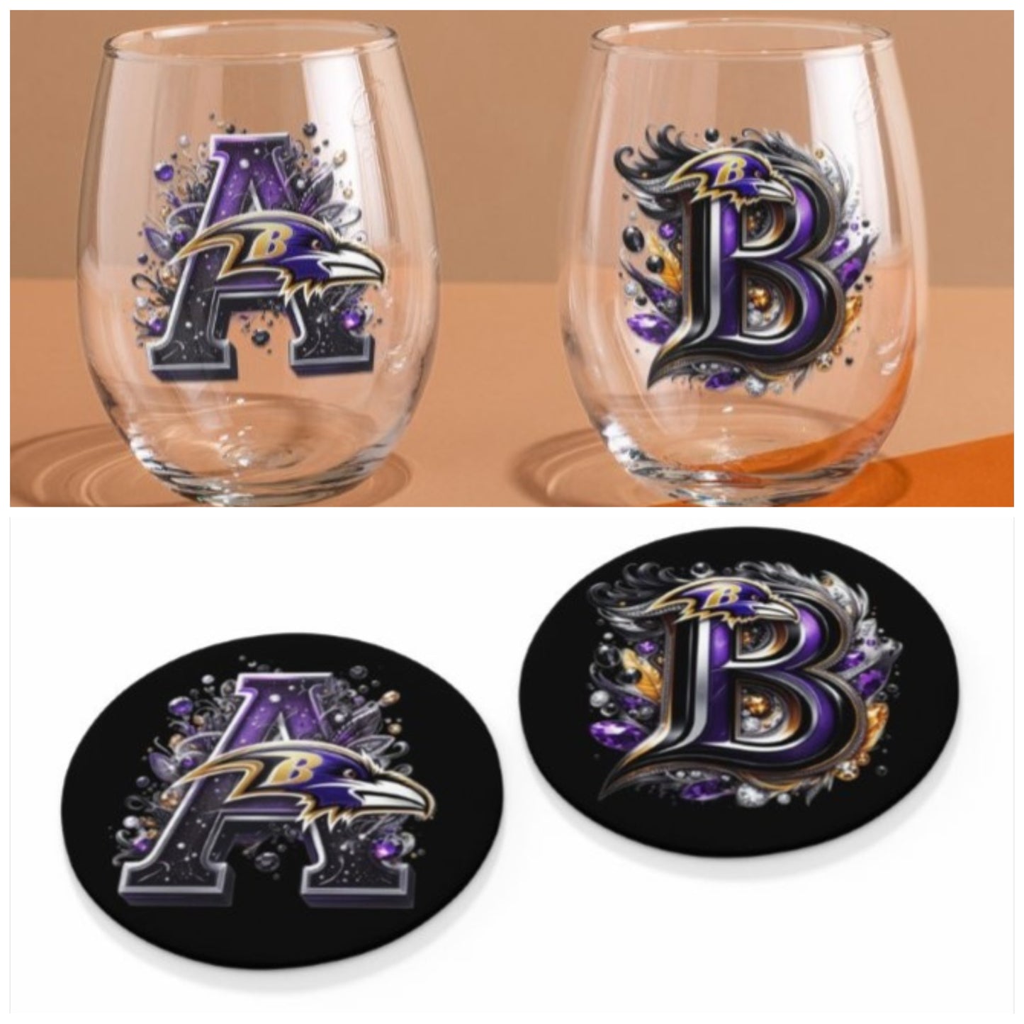 Personalized Initial 20oz. Baltimore Ravens Stemless Wine Glass w/ matching Coaster Set