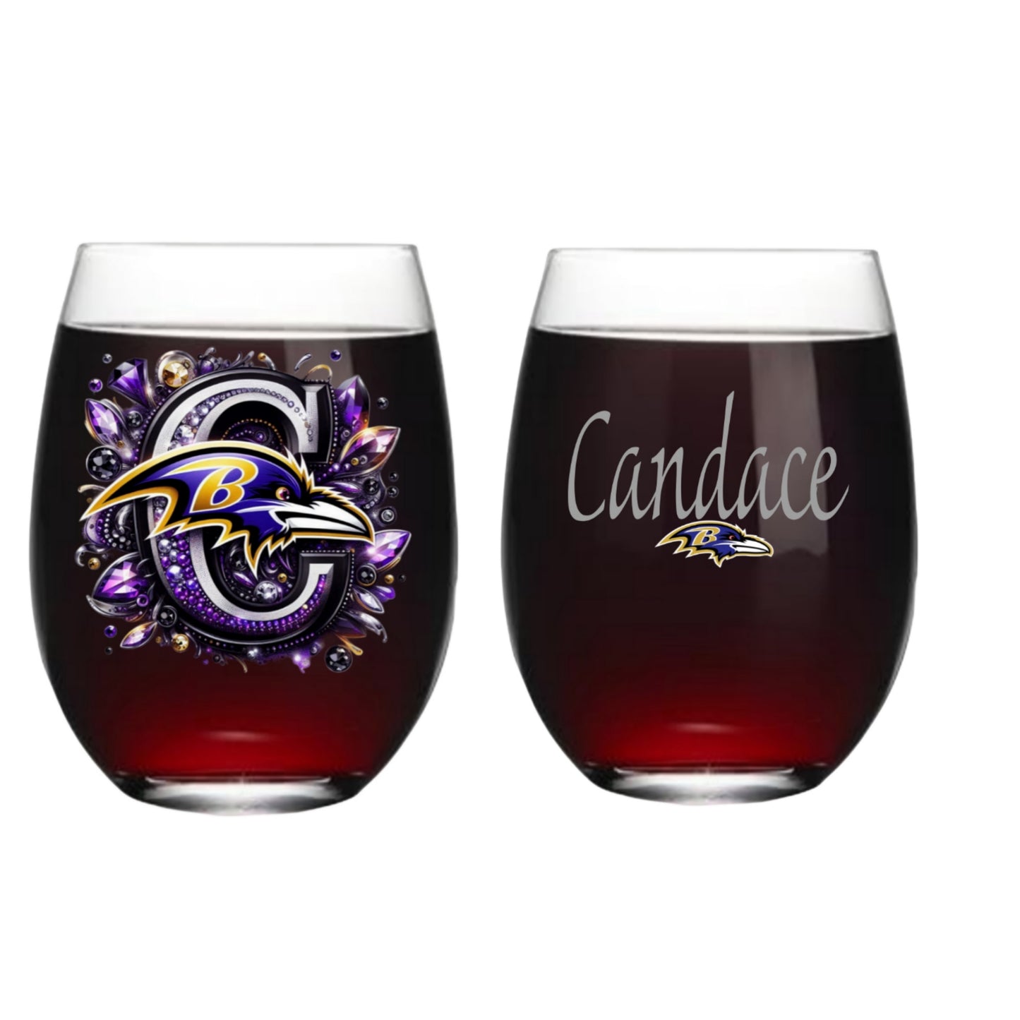 Personalized Initial 20oz. Baltimore Ravens Stemless Wine Glass w/ matching Coaster Set