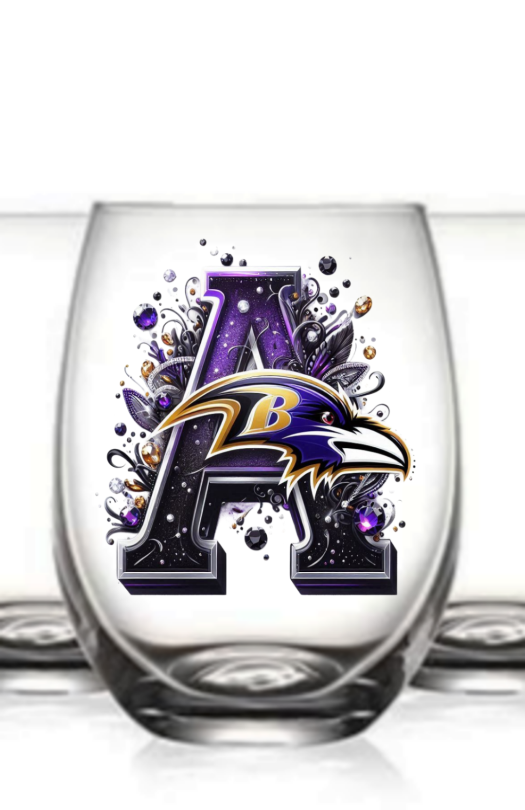 Personalized Initial 20oz. Baltimore Ravens Stemless Wine Glass w/ matching Coaster Set