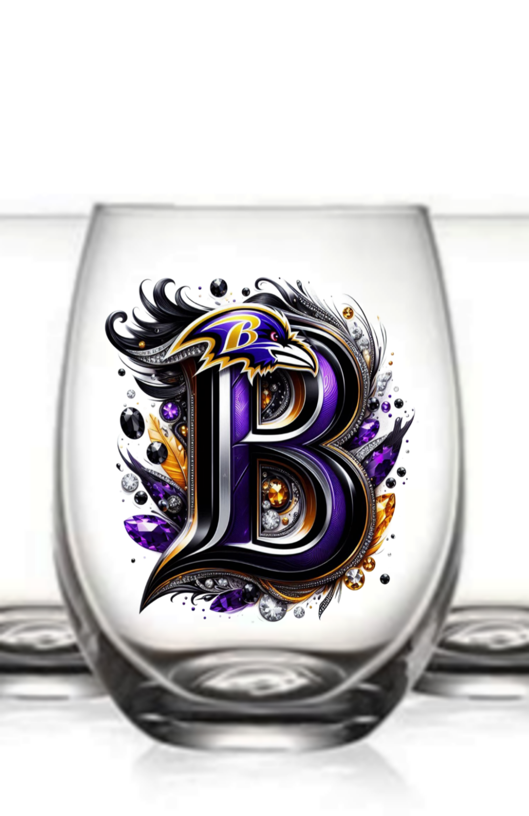 Personalized Initial 20oz. Baltimore Ravens Stemless Wine Glass w/ matching Coaster Set