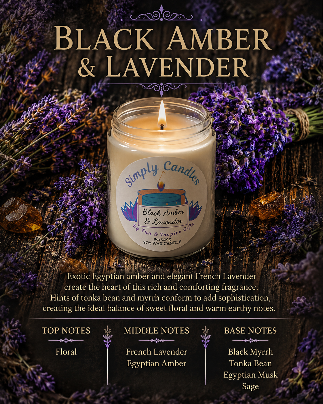 Black Amber & Lavender Scented Candle