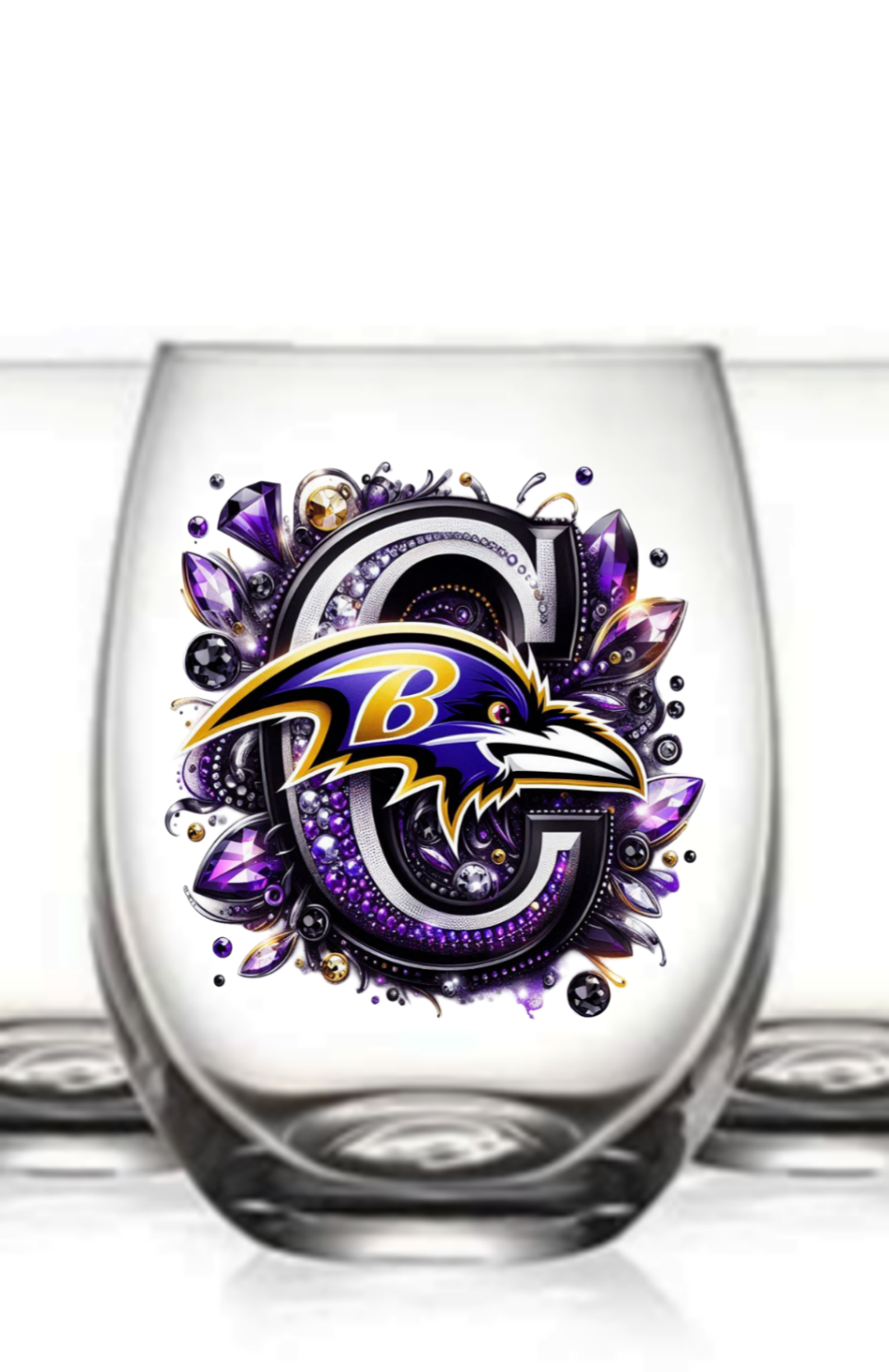 Personalized Initial 20oz. Baltimore Ravens Stemless Wine Glass w/ matching Coaster Set
