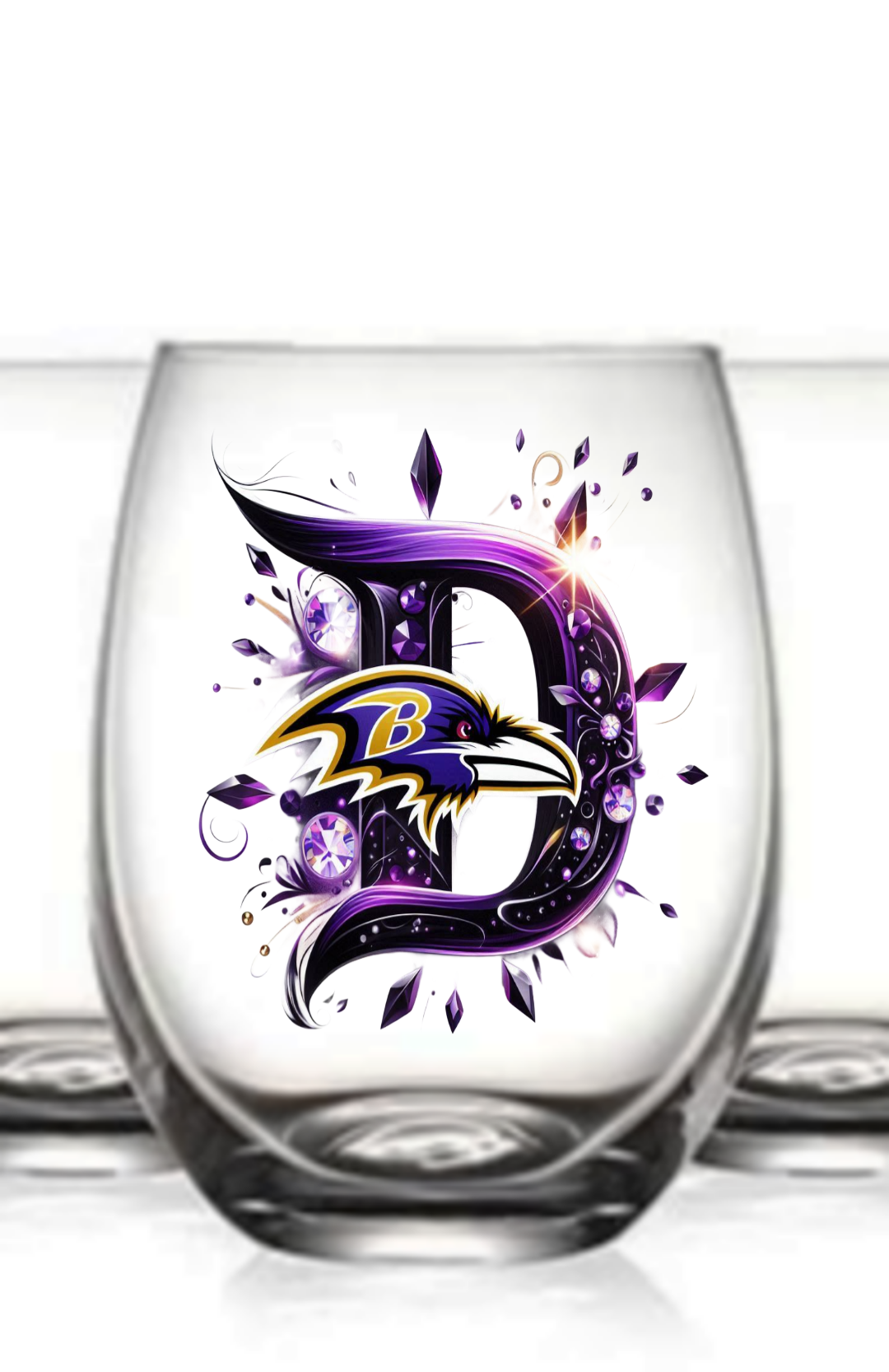 Personalized Initial 20oz. Baltimore Ravens Stemless Wine Glass w/ matching Coaster Set
