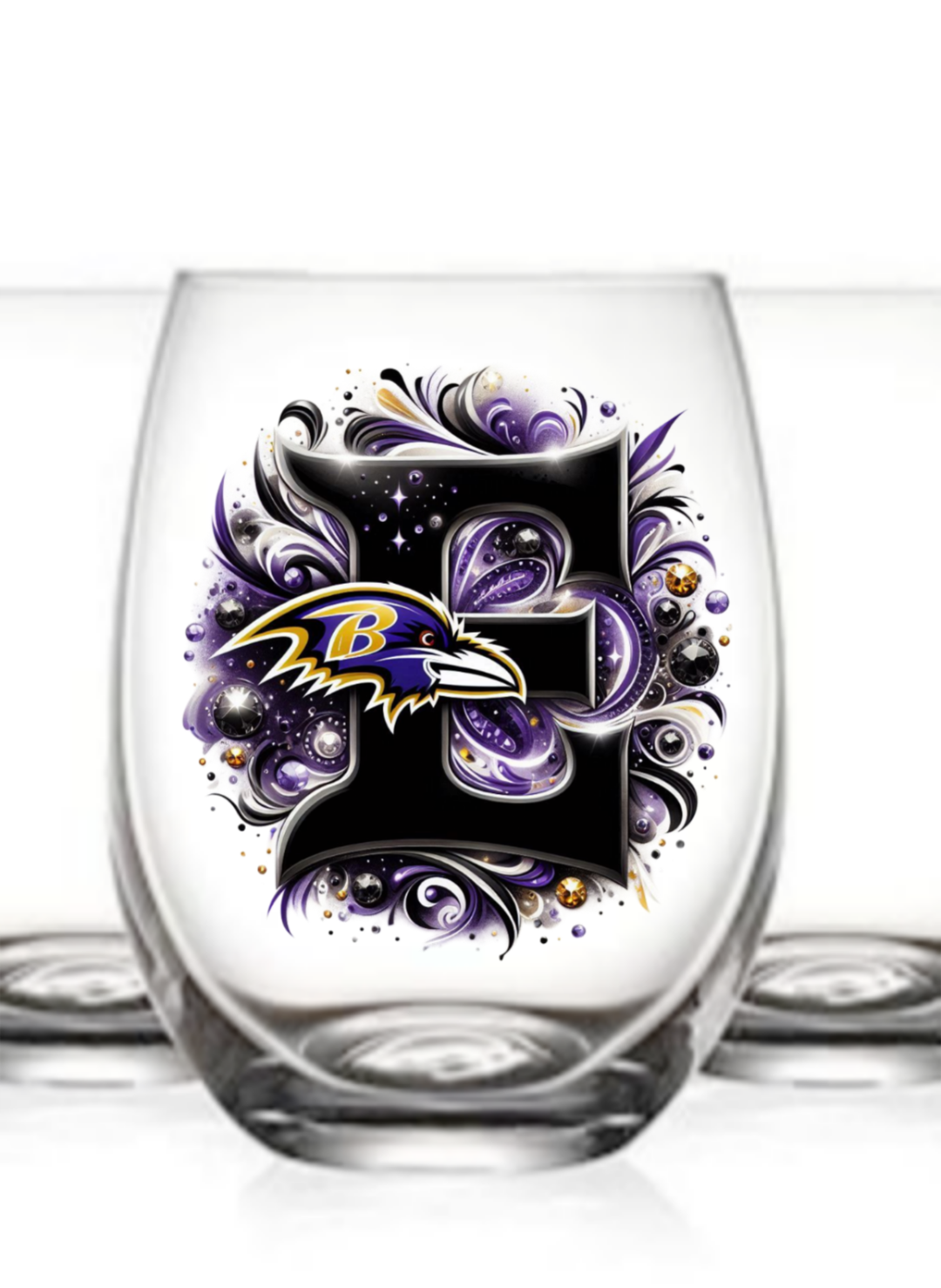 Personalized Initial 20oz. Baltimore Ravens Stemless Wine Glass w/ matching Coaster Set