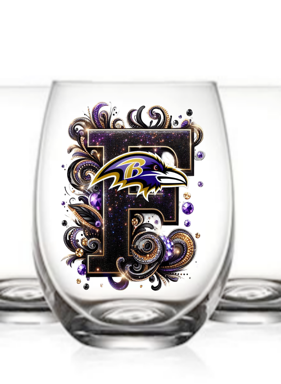 Personalized Initial 20oz. Baltimore Ravens Stemless Wine Glass w/ matching Coaster Set