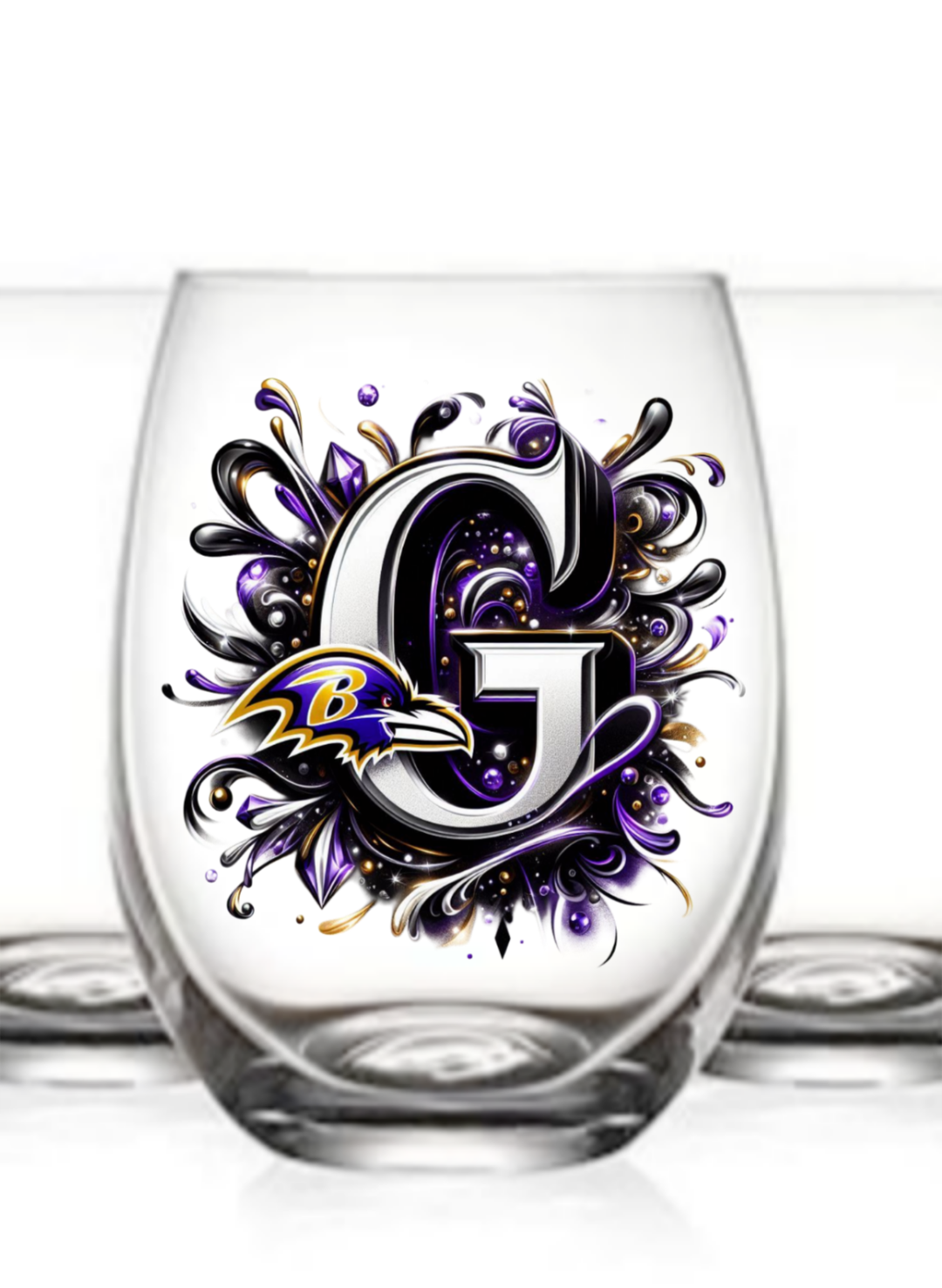 Personalized Initial 20oz. Baltimore Ravens Stemless Wine Glass w/ matching Coaster Set