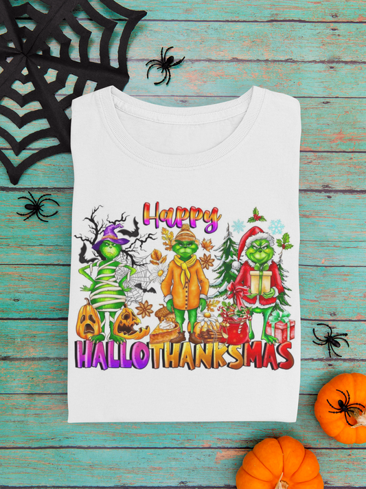 Grinch Happy HalloThanksMas Ladies Tee