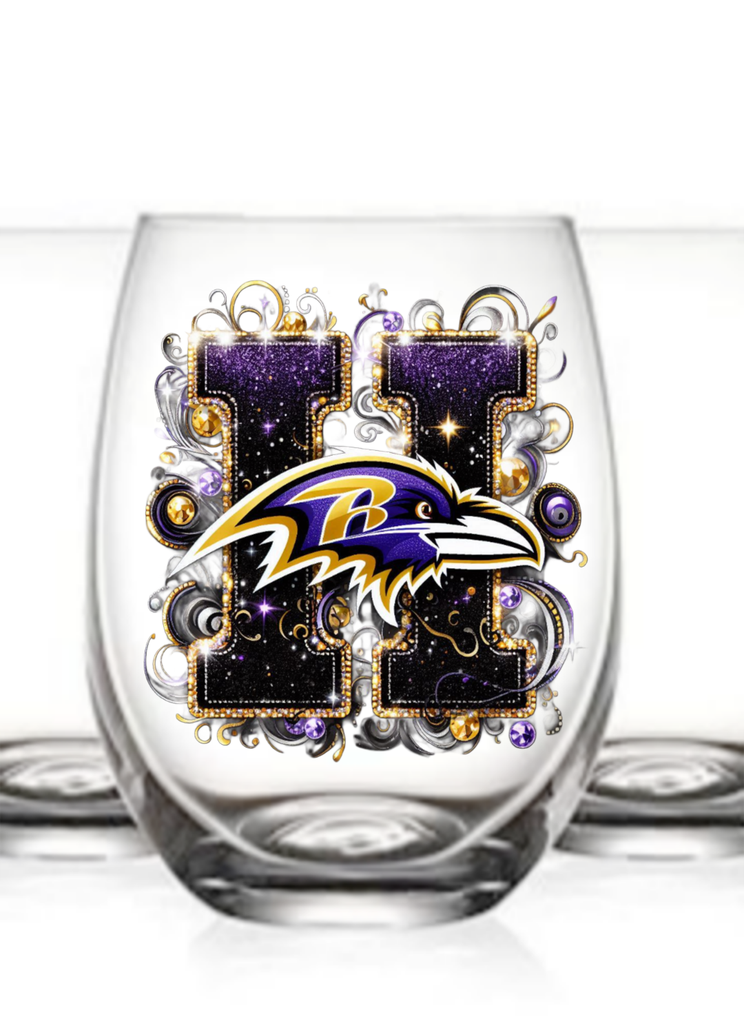 Personalized Initial 20oz. Baltimore Ravens Stemless Wine Glass w/ matching Coaster Set