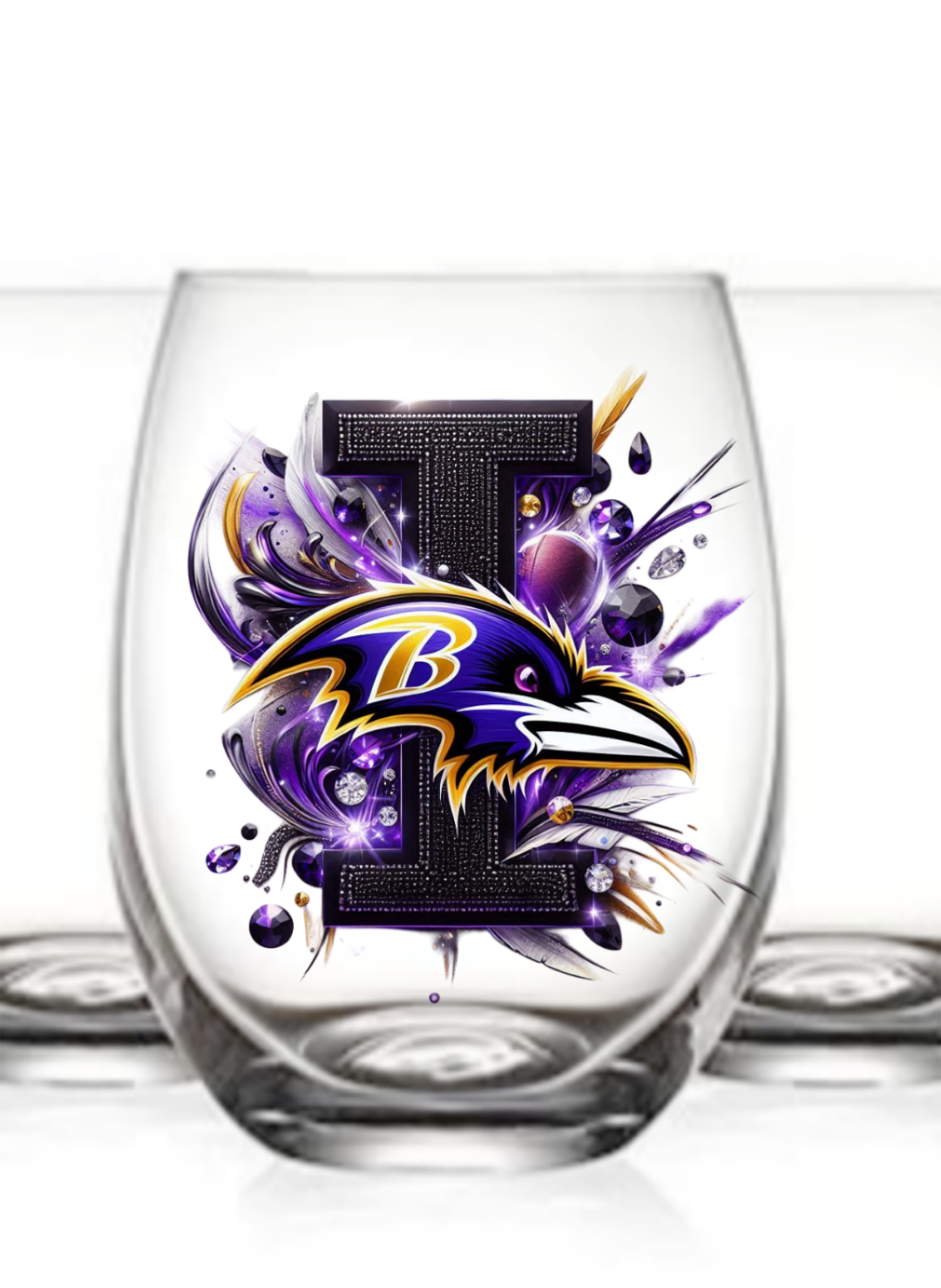 Personalized Initial 20oz. Baltimore Ravens Stemless Wine Glass w/ matching Coaster Set