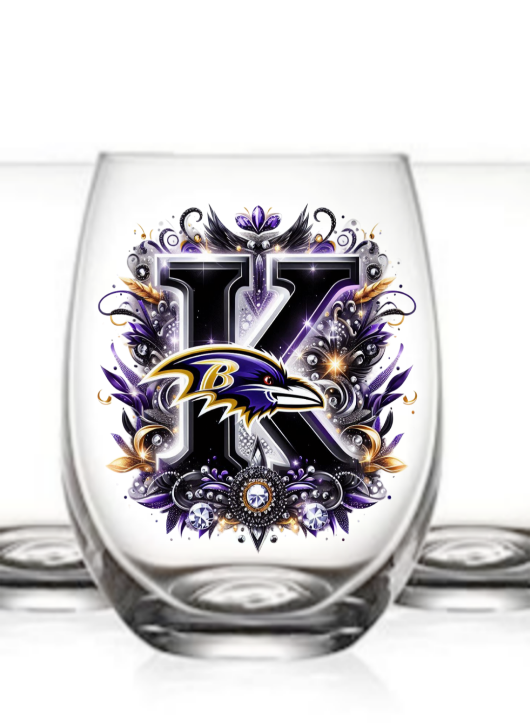 Personalized Initial 20oz. Baltimore Ravens Stemless Wine Glass w/ matching Coaster Set