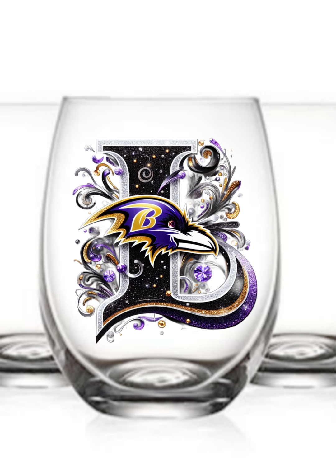 Personalized Initial 20oz. Baltimore Ravens Stemless Wine Glass w/ matching Coaster Set