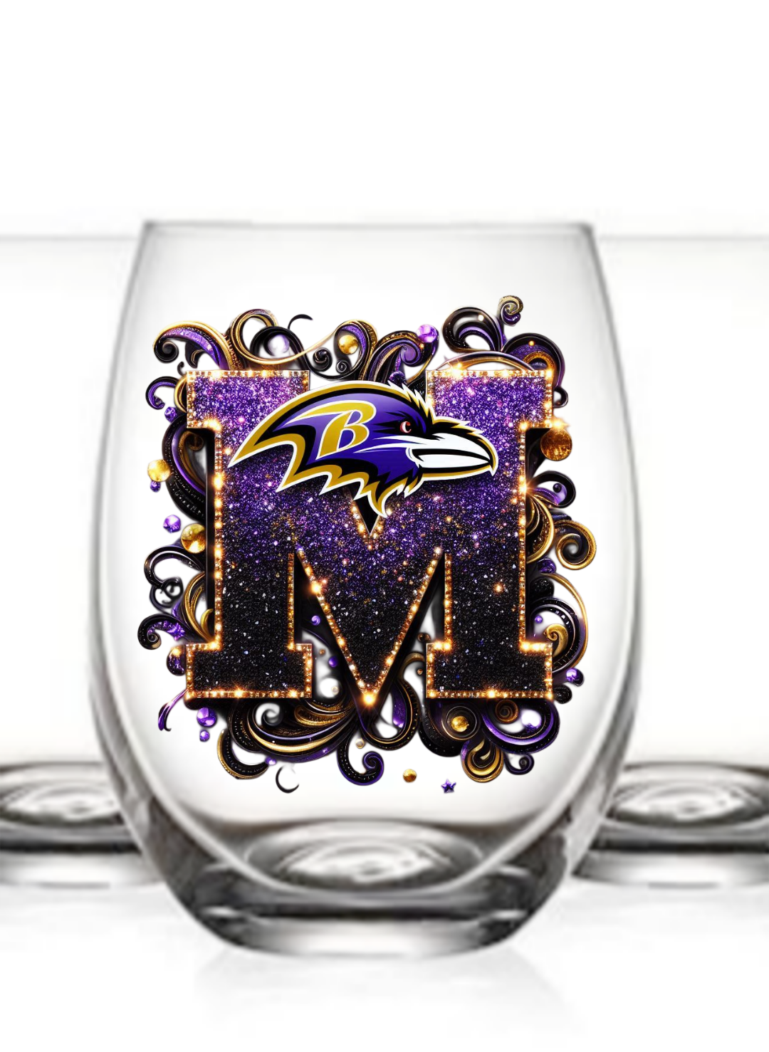 Personalized Initial 20oz. Baltimore Ravens Stemless Wine Glass w/ matching Coaster Set