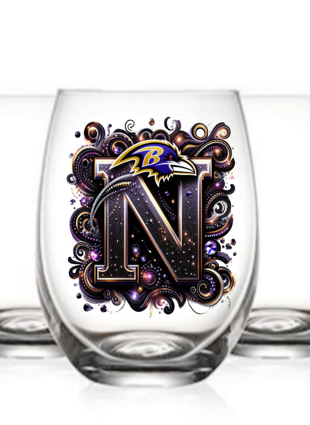 Personalized Initial 20oz. Baltimore Ravens Stemless Wine Glass w/ matching Coaster Set