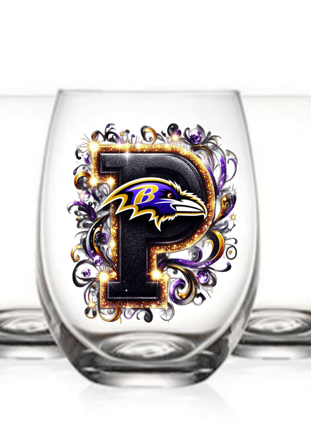 Personalized Initial 20oz. Baltimore Ravens Stemless Wine Glass w/ matching Coaster Set