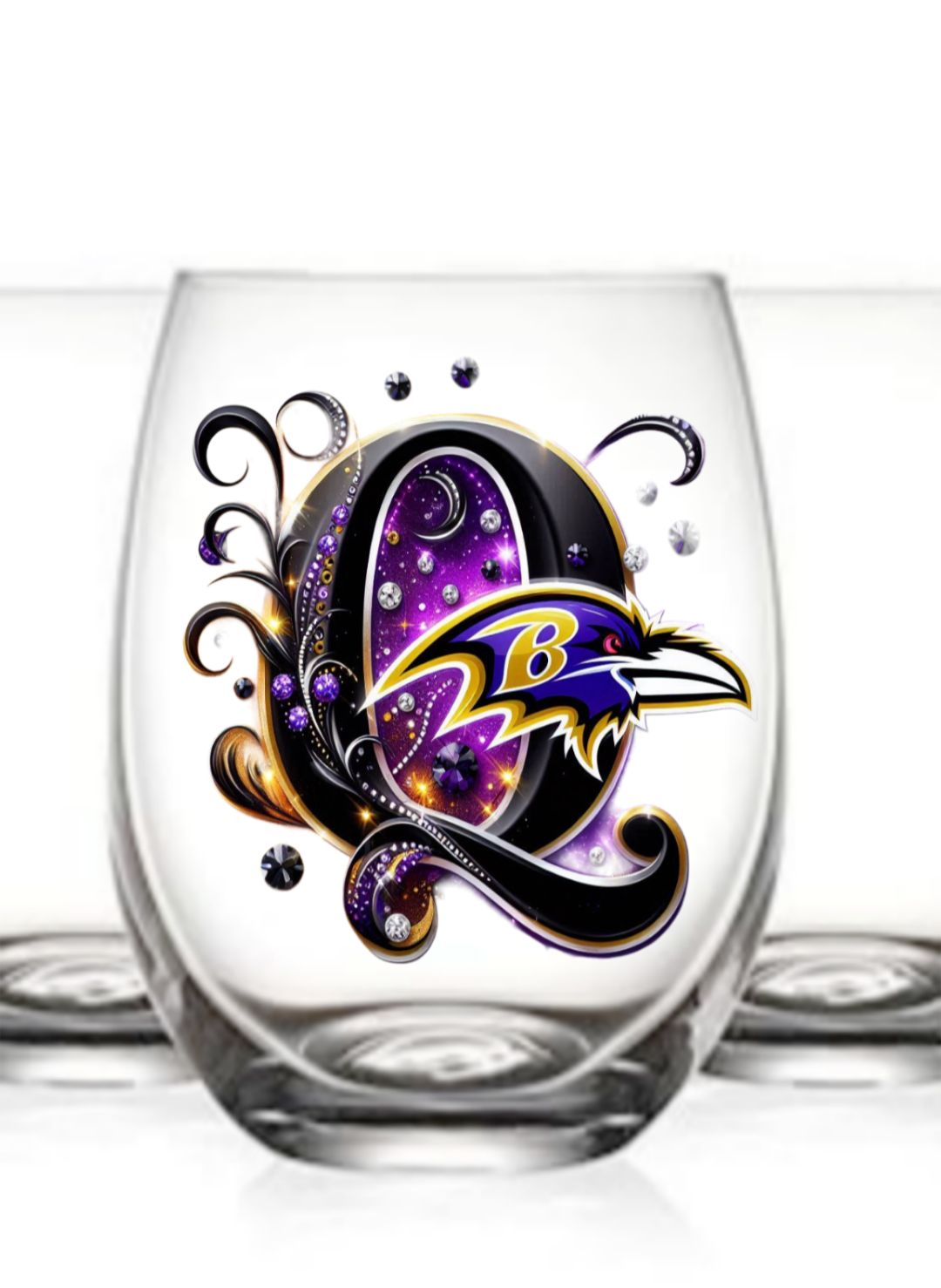 Personalized Initial 20oz. Baltimore Ravens Stemless Wine Glass w/ matching Coaster Set