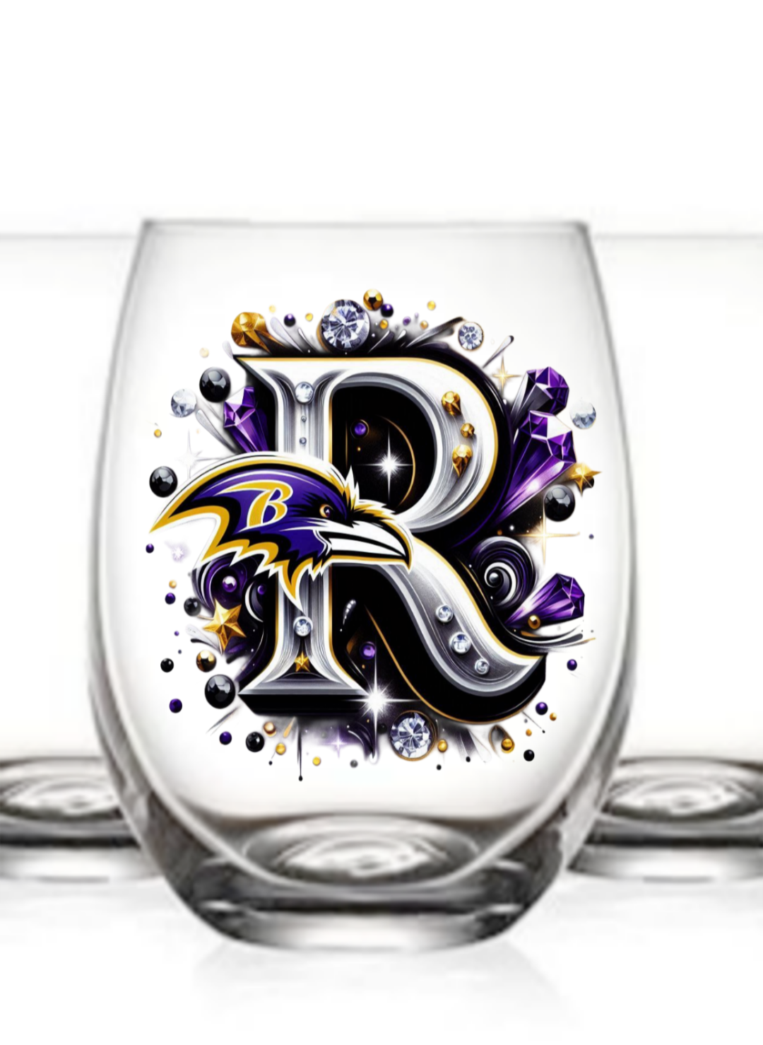 Personalized Initial 20oz. Baltimore Ravens Stemless Wine Glass w/ matching Coaster Set