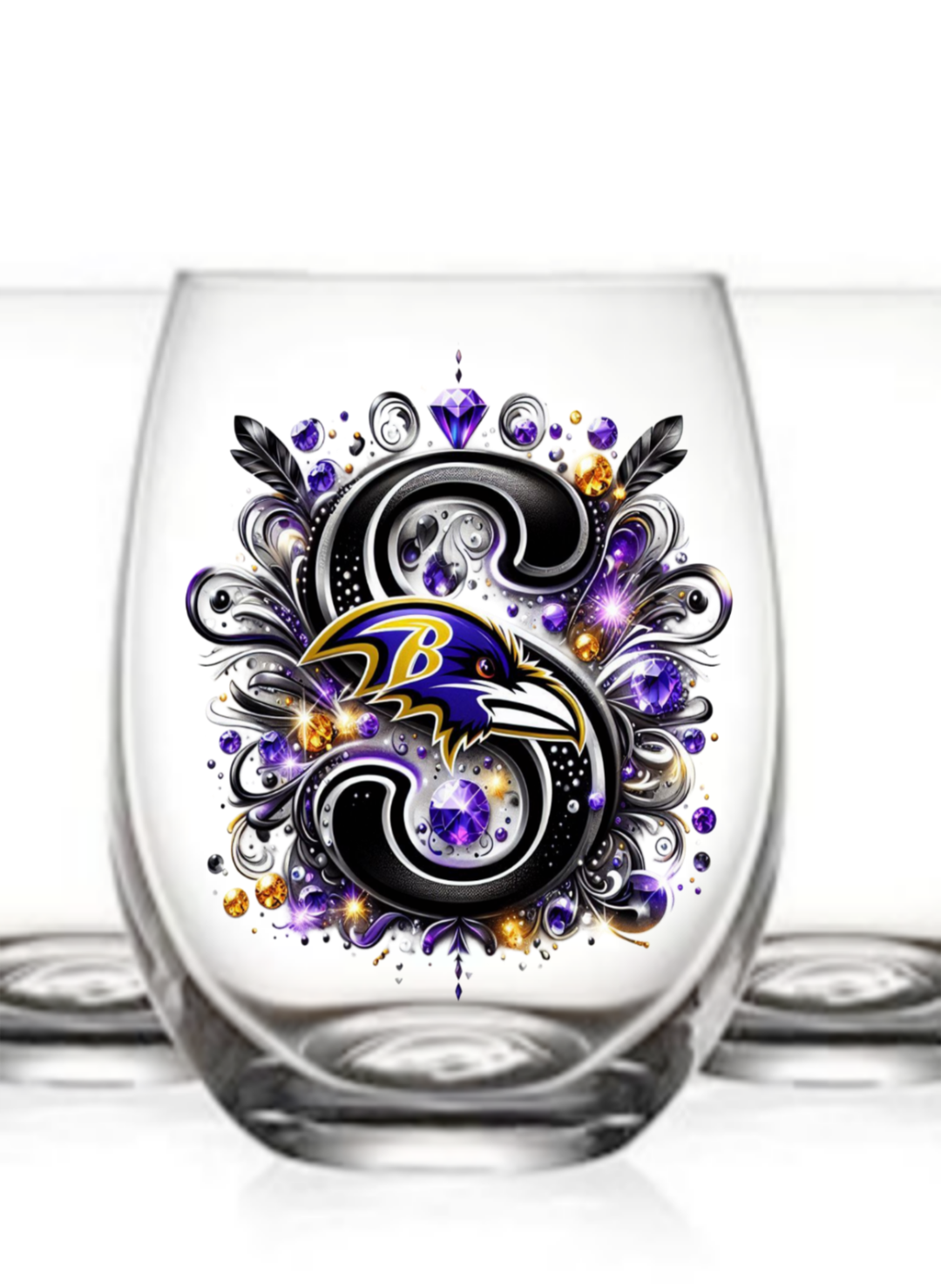 Personalized Initial 20oz. Baltimore Ravens Stemless Wine Glass w/ matching Coaster Set