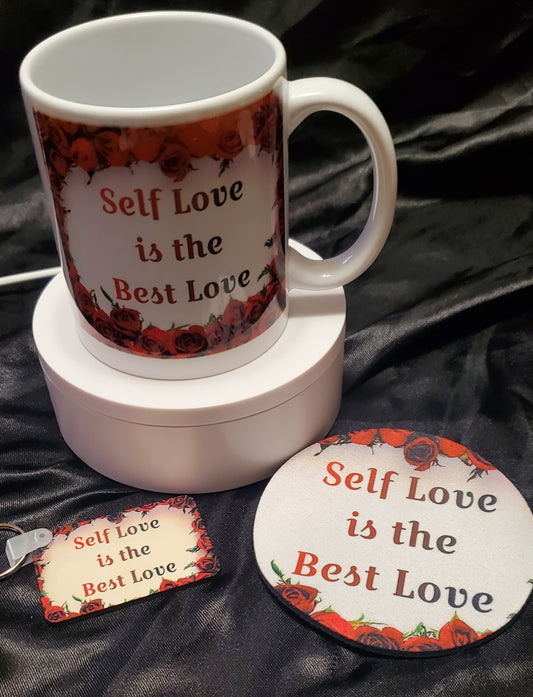 Self Love is the Best Love Coffee Mug, Coaster and Keychain Set