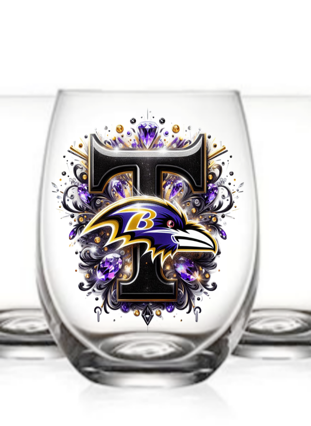 Personalized Initial 20oz. Baltimore Ravens Stemless Wine Glass w/ matching Coaster Set