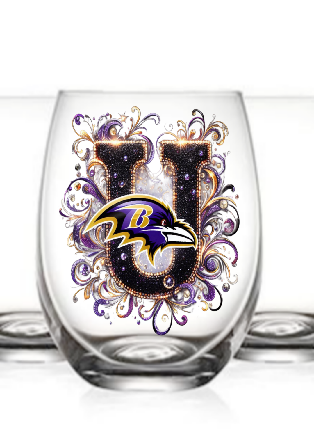 Personalized Initial 20oz. Baltimore Ravens Stemless Wine Glass w/ matching Coaster Set
