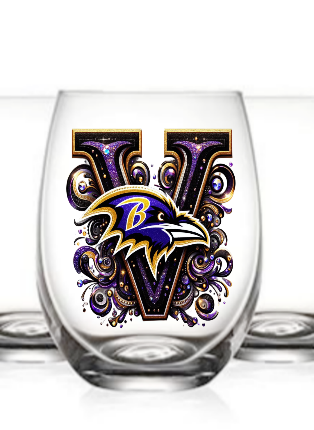 Personalized Initial 20oz. Baltimore Ravens Stemless Wine Glass w/ matching Coaster Set
