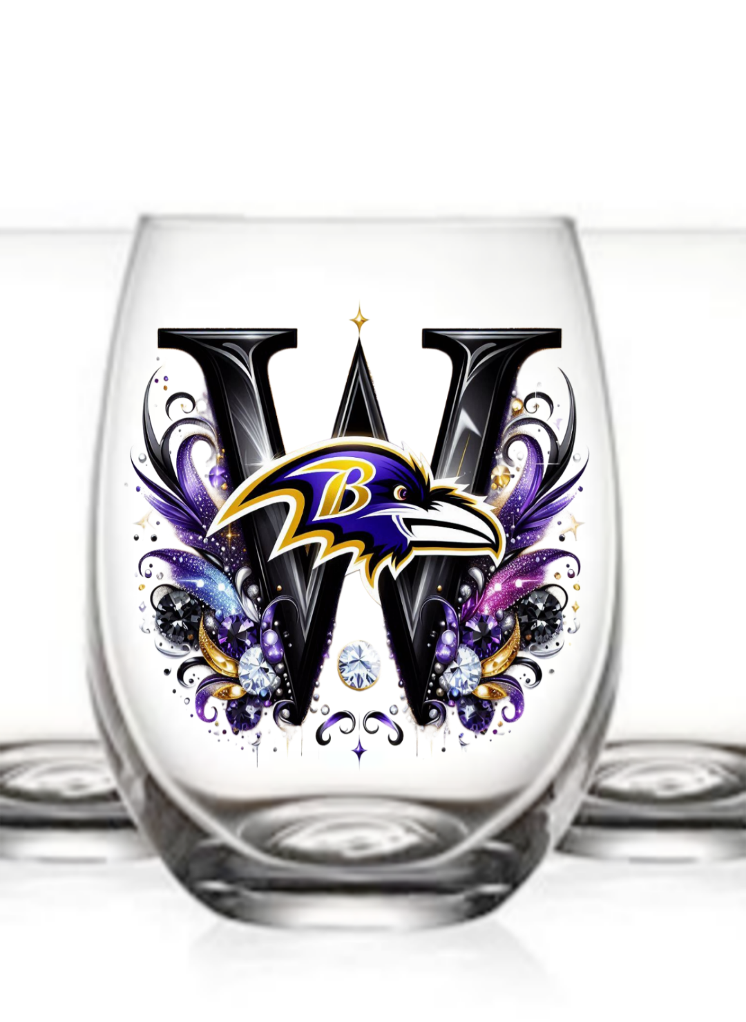 Personalized Initial 20oz. Baltimore Ravens Stemless Wine Glass w/ matching Coaster Set