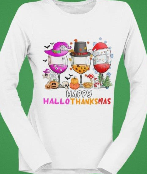 Happy HalloThanksMas Wine Glass Ladies Tee