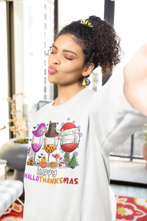 Happy HalloThanksMas Wine Glass Ladies Tee