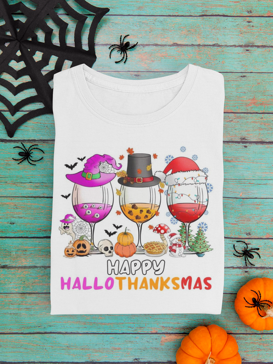 Happy HalloThanksMas Wine Glass Ladies Tee