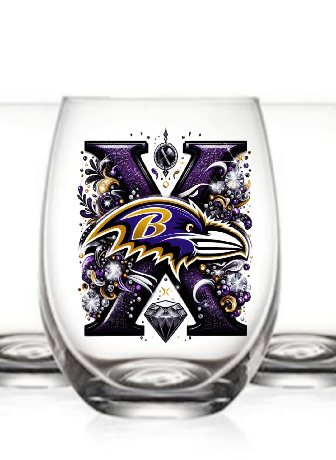 Personalized Initial 20oz. Baltimore Ravens Stemless Wine Glass w/ matching Coaster Set