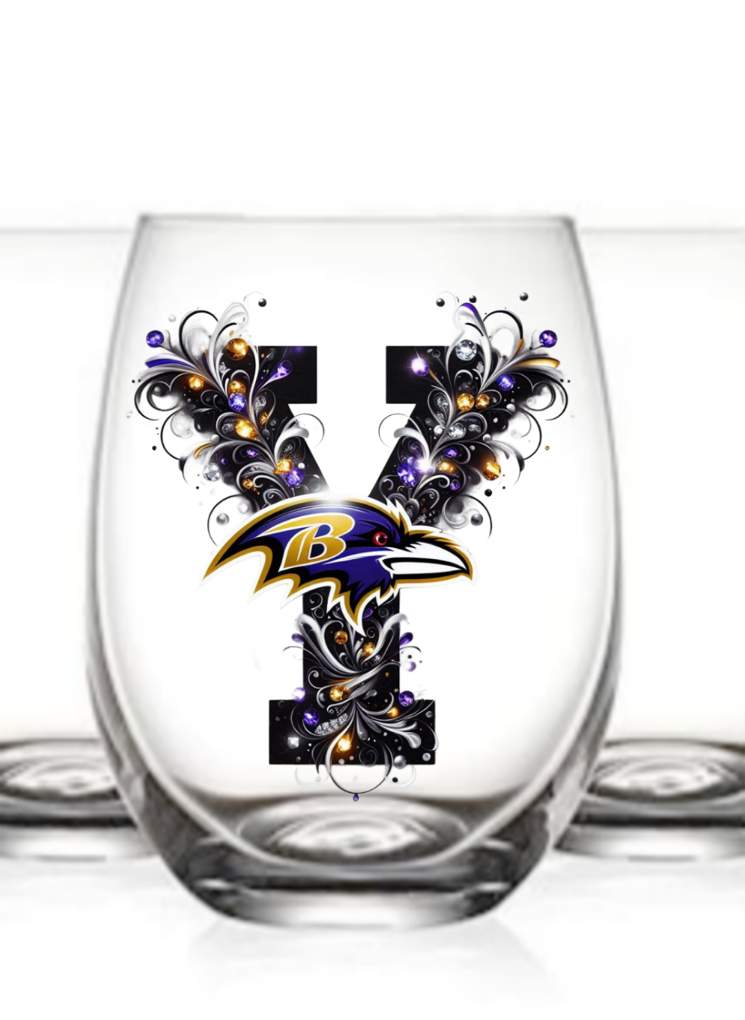 Personalized Initial 20oz. Baltimore Ravens Stemless Wine Glass w/ matching Coaster Set