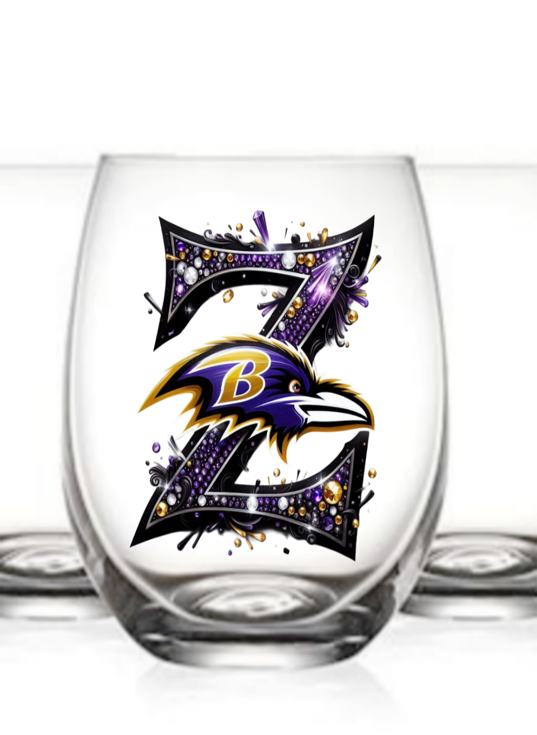 Personalized Initial 20oz. Baltimore Ravens Stemless Wine Glass w/ matching Coaster Set